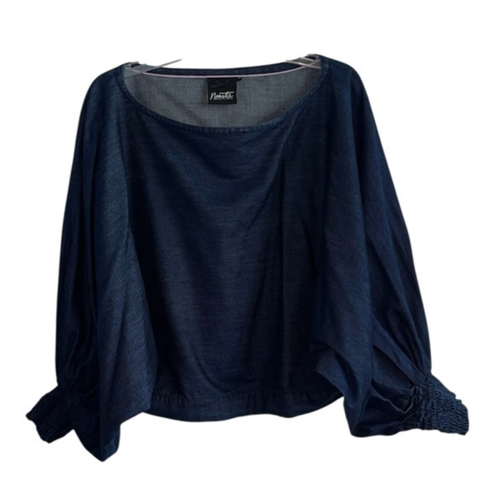 Nanette Lepore  Dolman Blue Denim Cotton Bubble Sleeve Top Size Medium